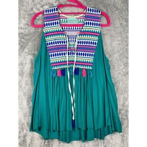 Judith March Babydoll Top Size Large Green Tassels Embroidered Festival Bohemian